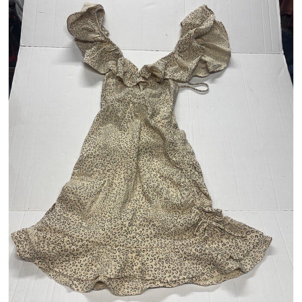 MinkPink Halsey Ruched Mini Dress Beige Leopard Print Puff Sleeve Size S NWT